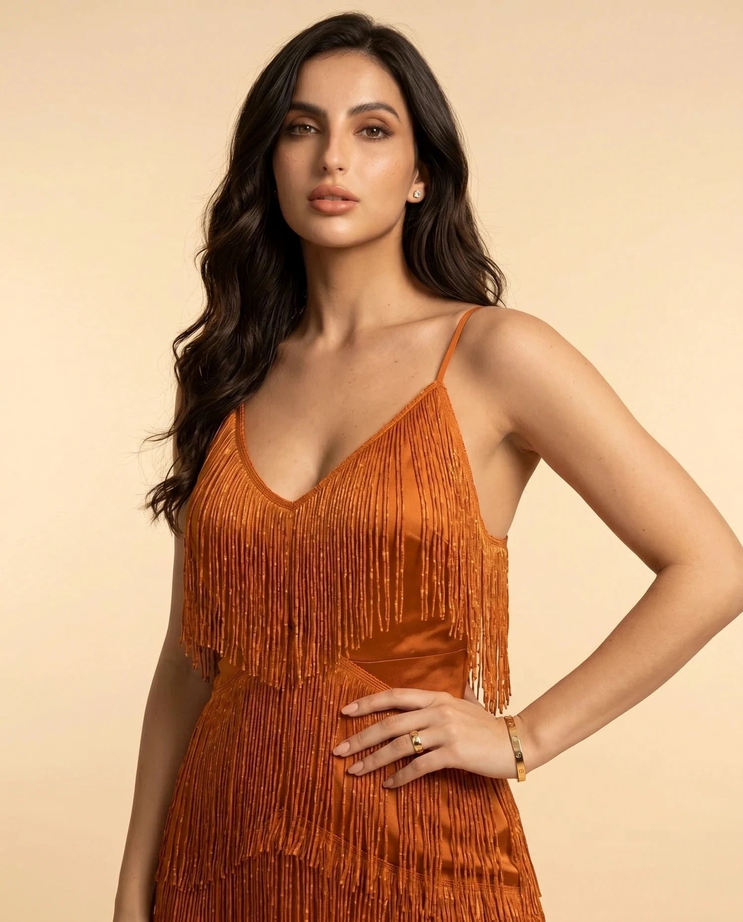 Amber Mini Dress – Metallic V Neck mini dress, bodice and waist detail by Slimona