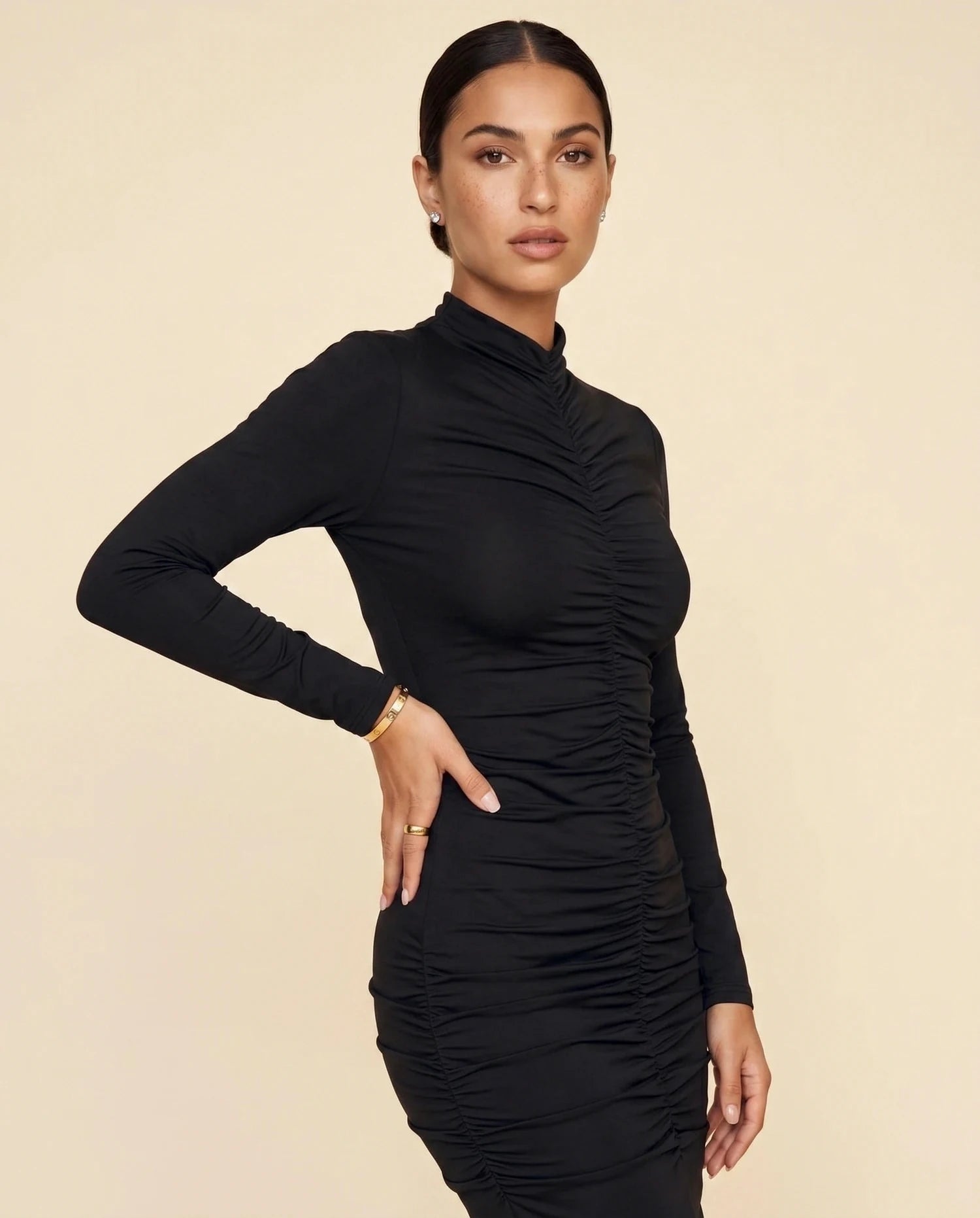 Velouré Midi Dress – Black Mock Neck midi dress, bodice and waist detail by Slimona