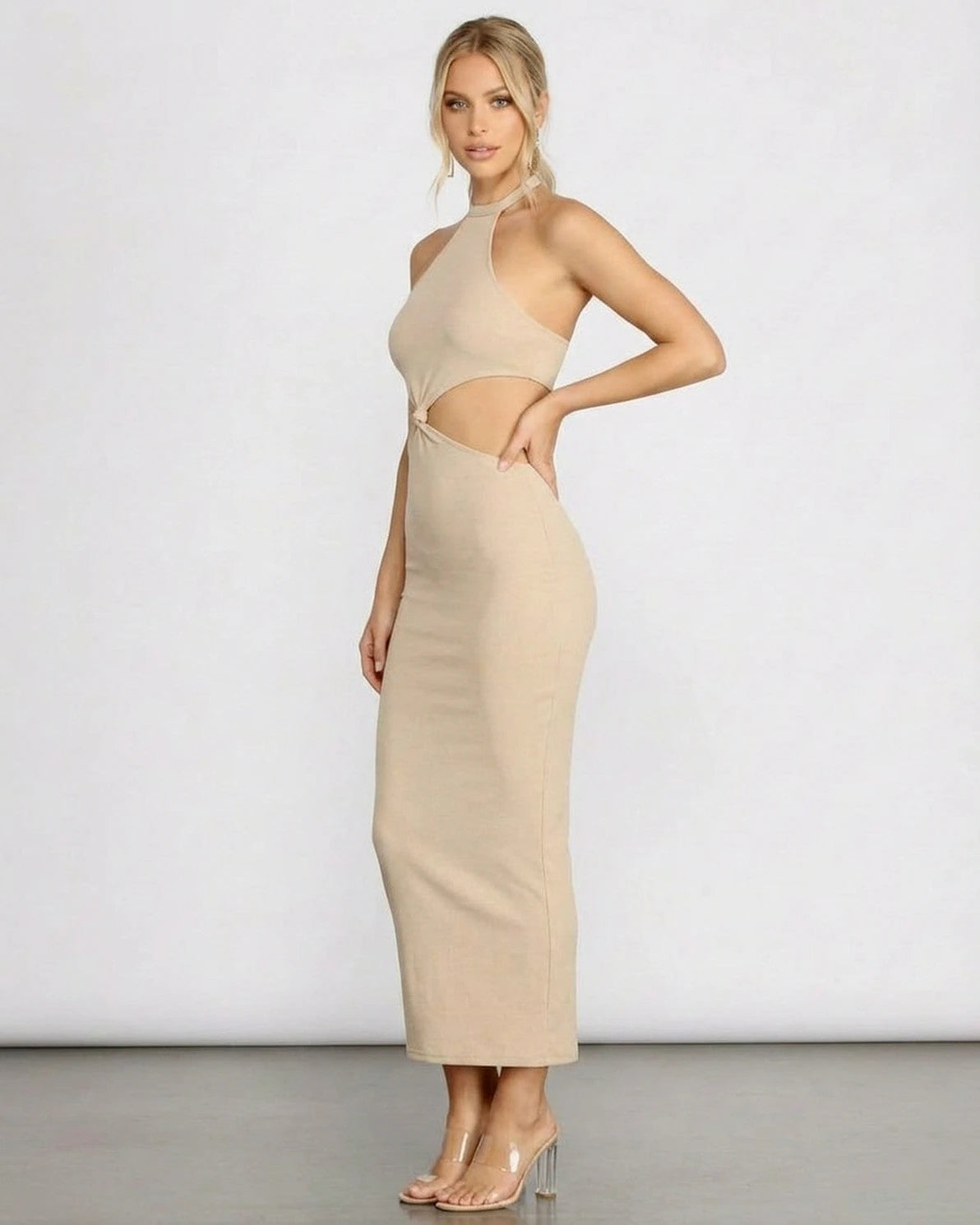 Nina Midi Dress – Tan Halter midi dress, detail view by Slimona