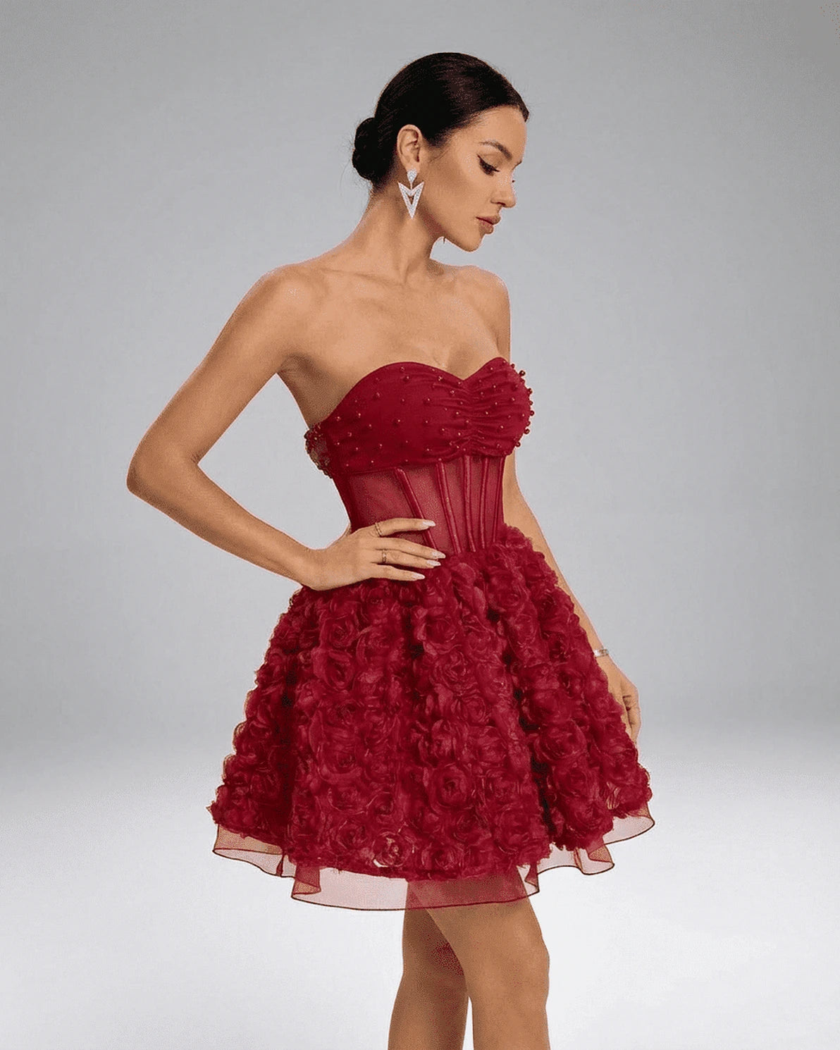 Talia Mini Dress – Red Mesh Strapless mini dress, detail view by Slimona
