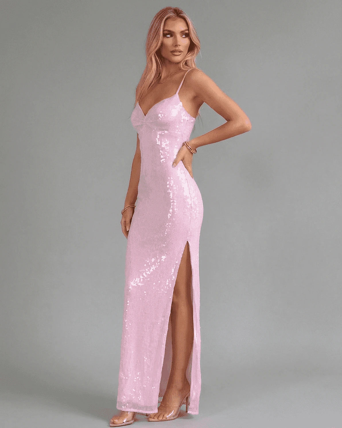 Positano Maxi Dress – Pink Sequin V Neck maxi dress, styled look by Slimona