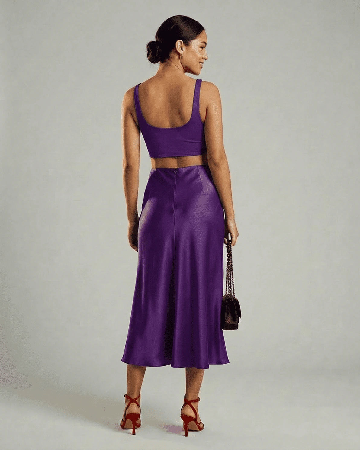 Amethyst Midi Skirt – Purple Satin midi skirt, styled look by Slimona