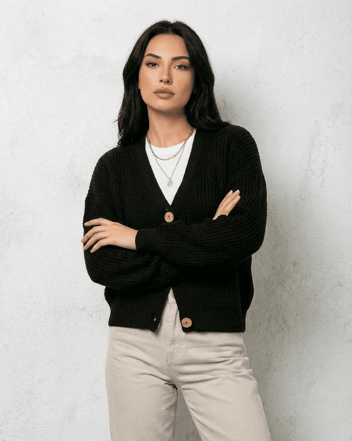 Begonia Cardigan – Black Knit cardigan, styled look by Slimona