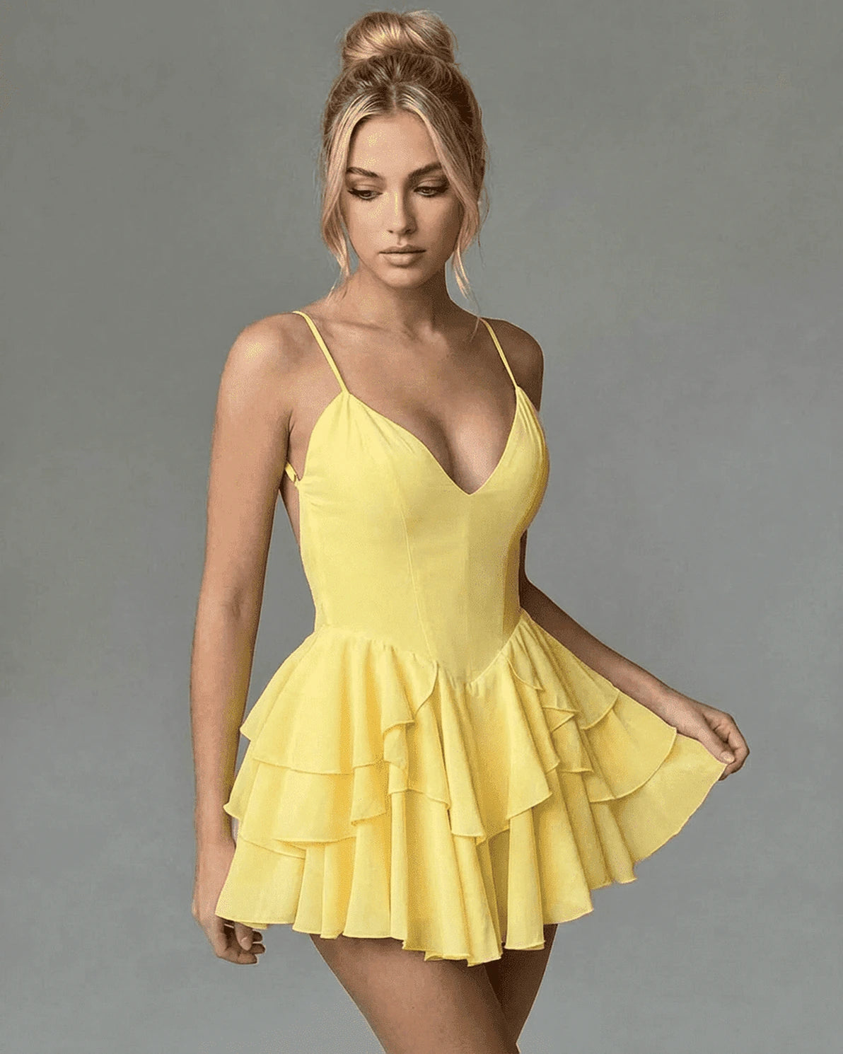 Marigold Mini Dress – Yellow V Neck mini dress, styled look by Slimona