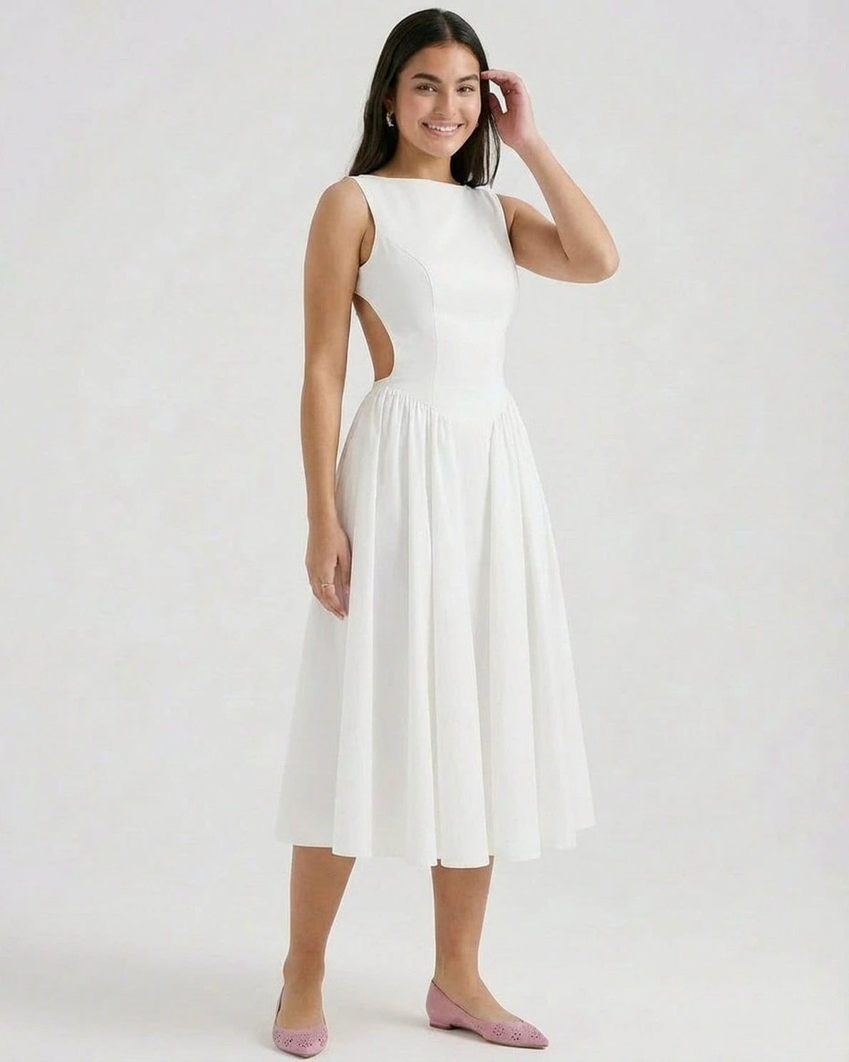 Elysia Midi Dress – Red Crew Neck midi dress, styled look by Slimona