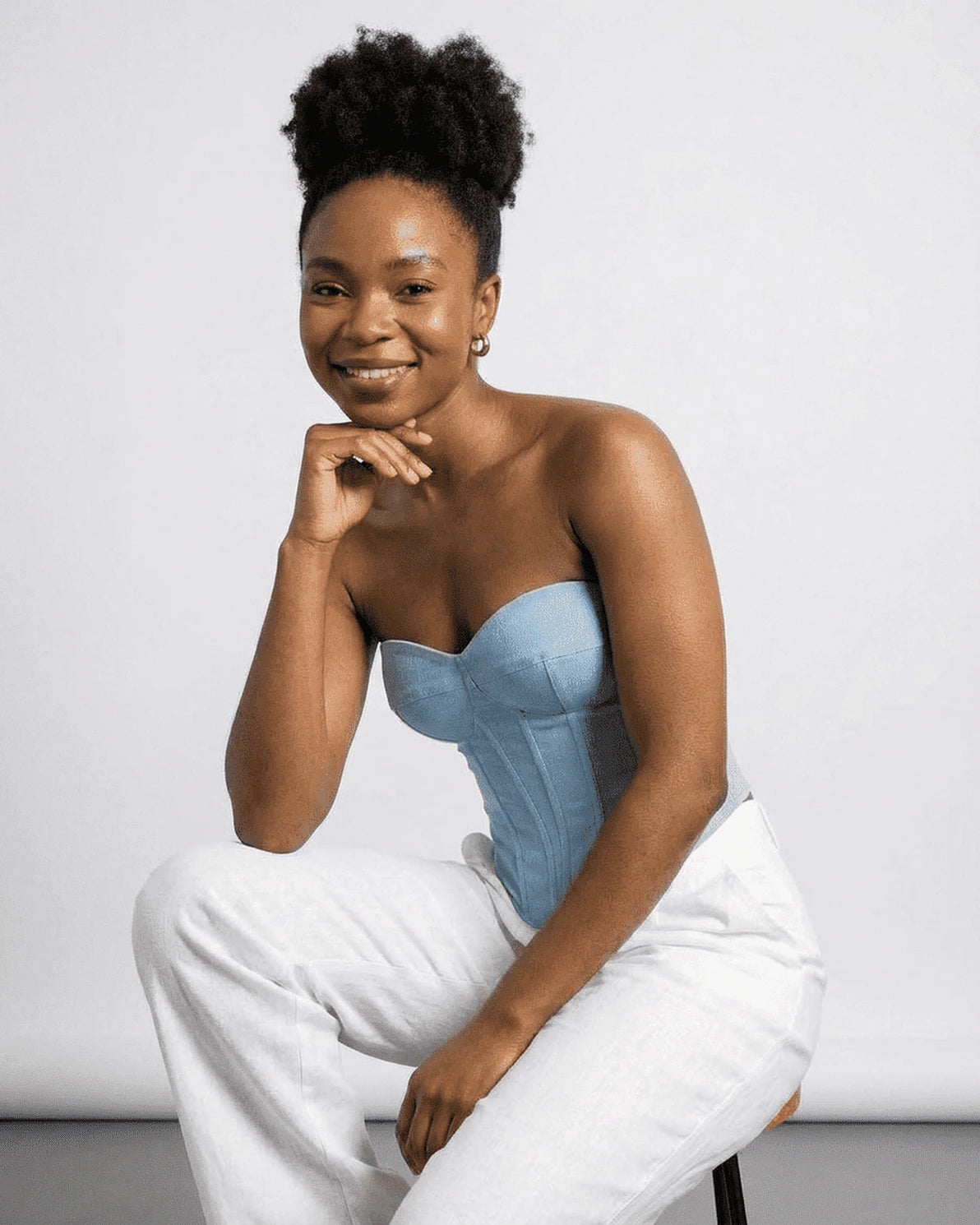 Denali Corset Top – Red Denim Strapless corset top, styled look by Slimona