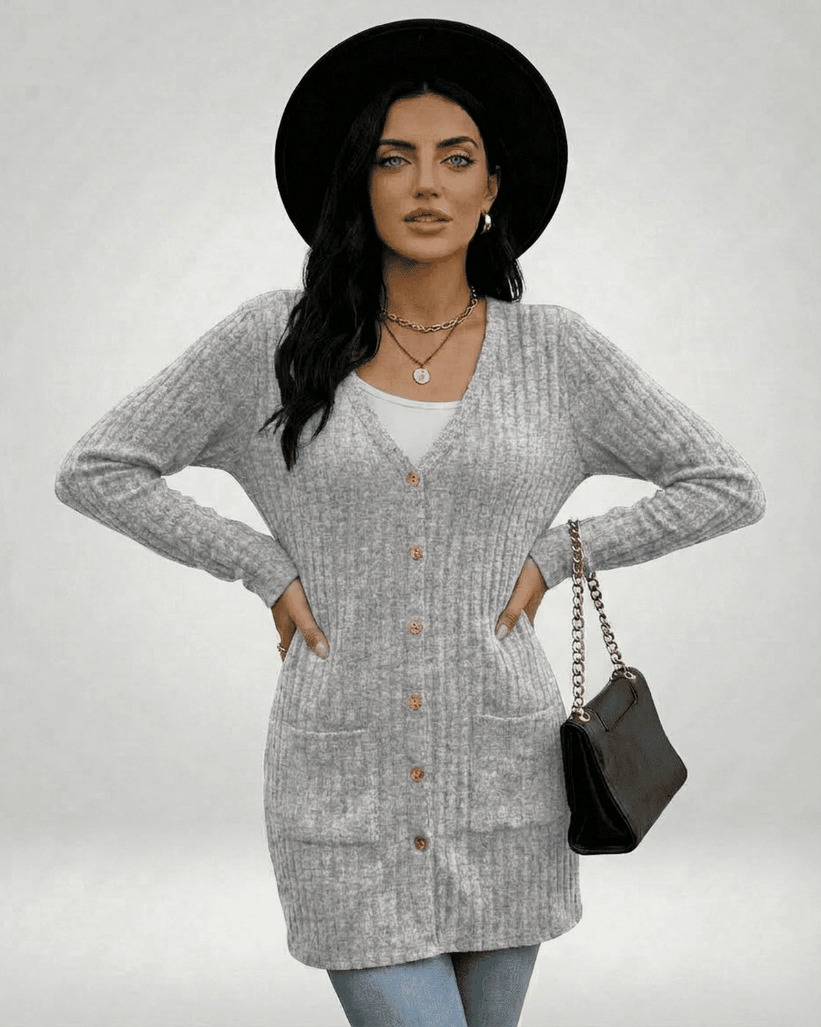 Luna Cardigan – Gray Cotton cardigan, styled look by Slimona