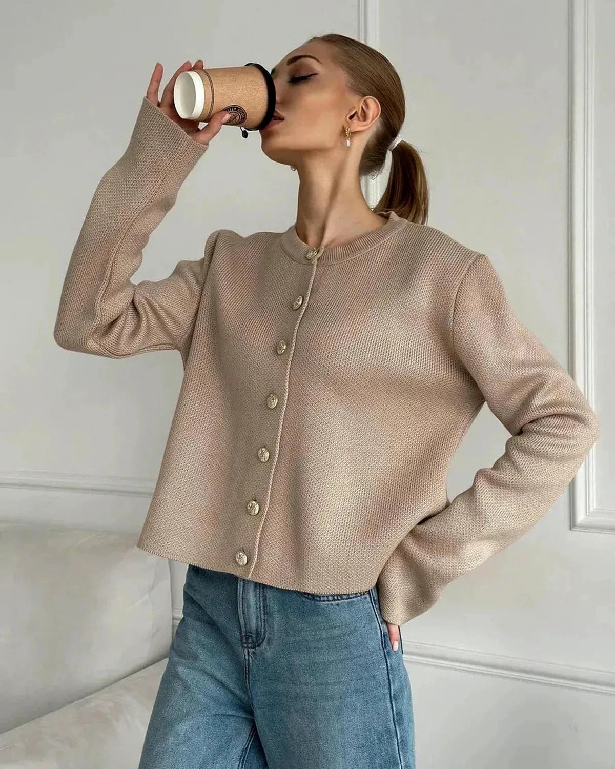 Sable Cardigan – Beige Knit cardigan, styled look by Slimona