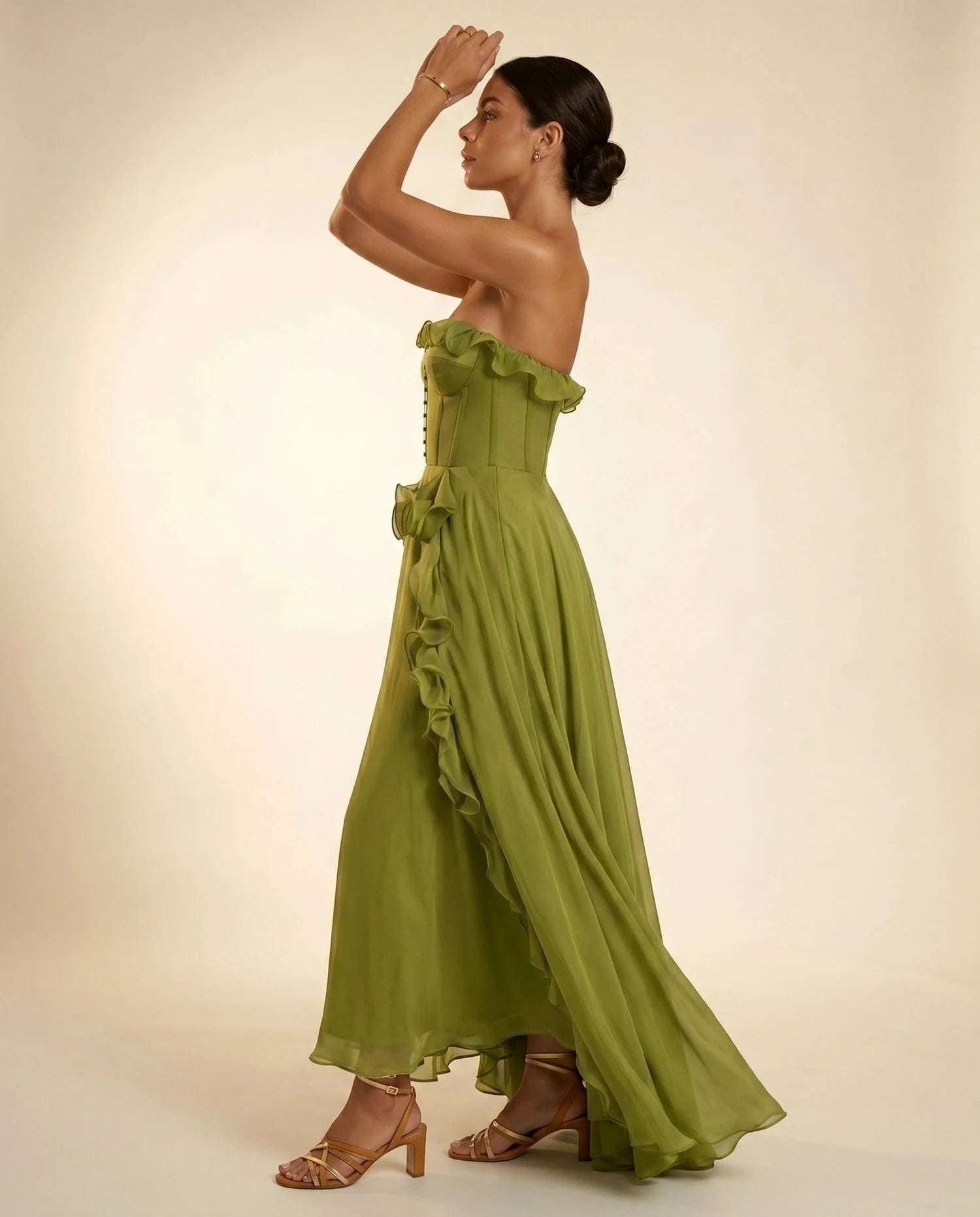 Verdessa Maxi Dress – Emerald Chiffon Strapless maxi dress, side profile silhouette by Slimona
