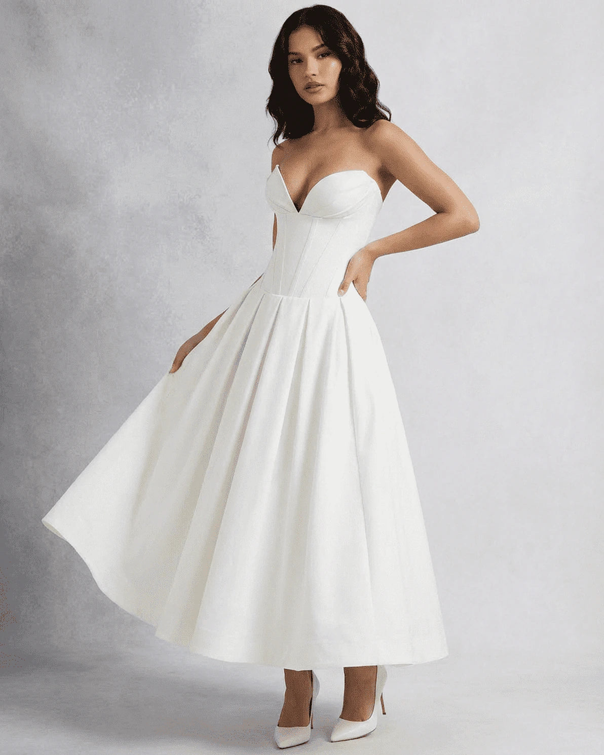 Venice Midi Dress – White Strapless midi dress, styled look by Slimona
