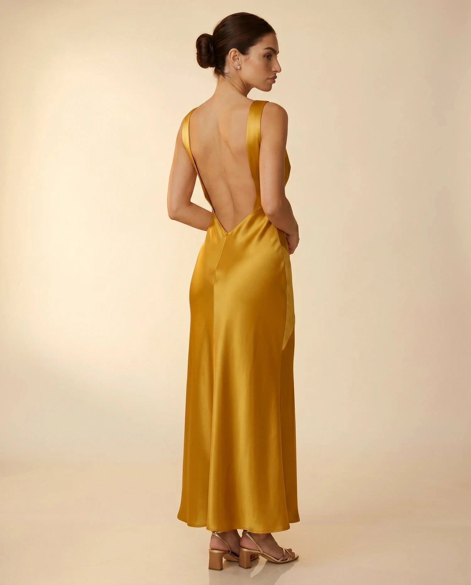 Aurelia Maxi Dress – Black Satin V Neck maxi dress, back view detail by Slimona