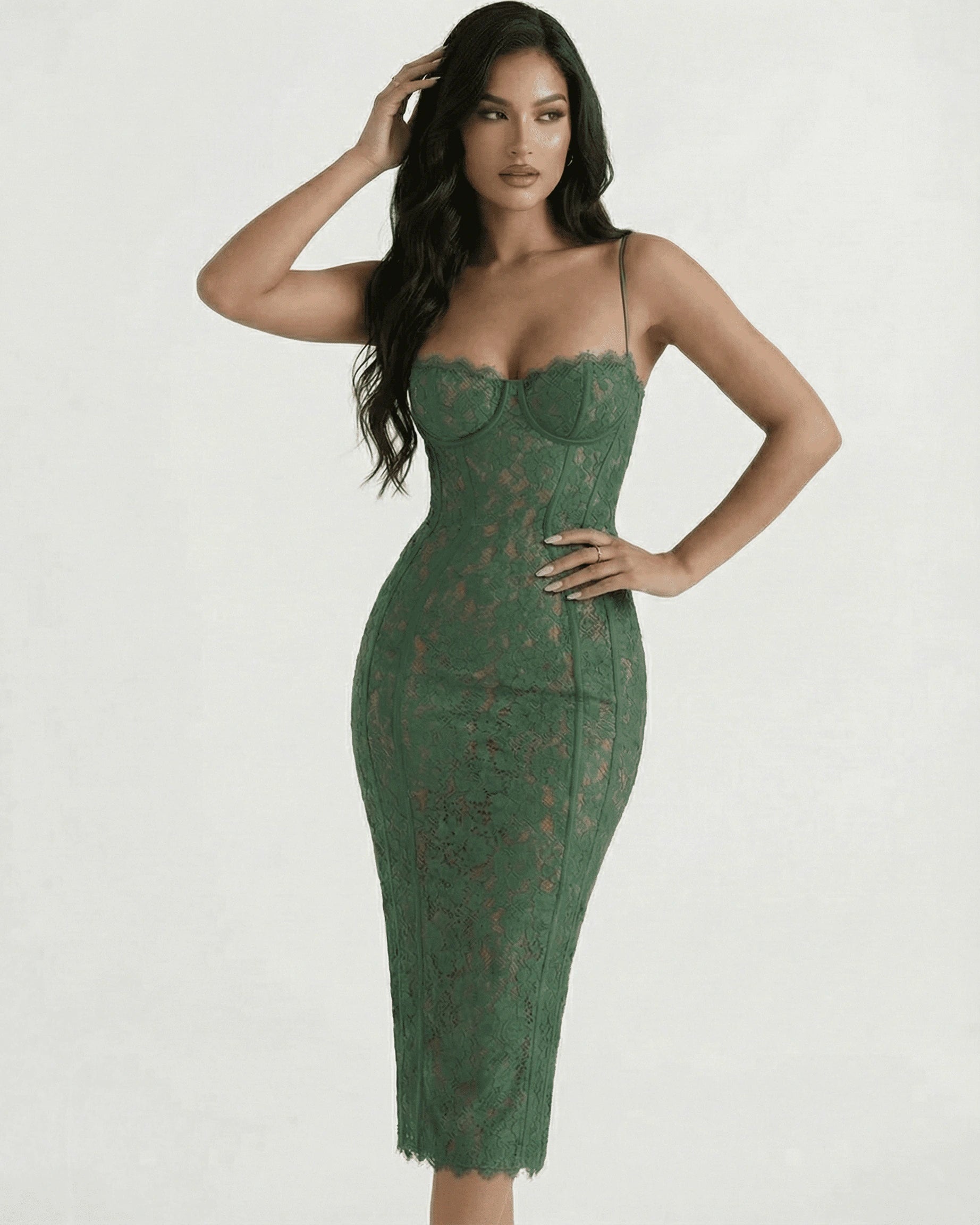 Siena Midi Dress – Green Lace Round Neck midi dress, styled look by Slimona