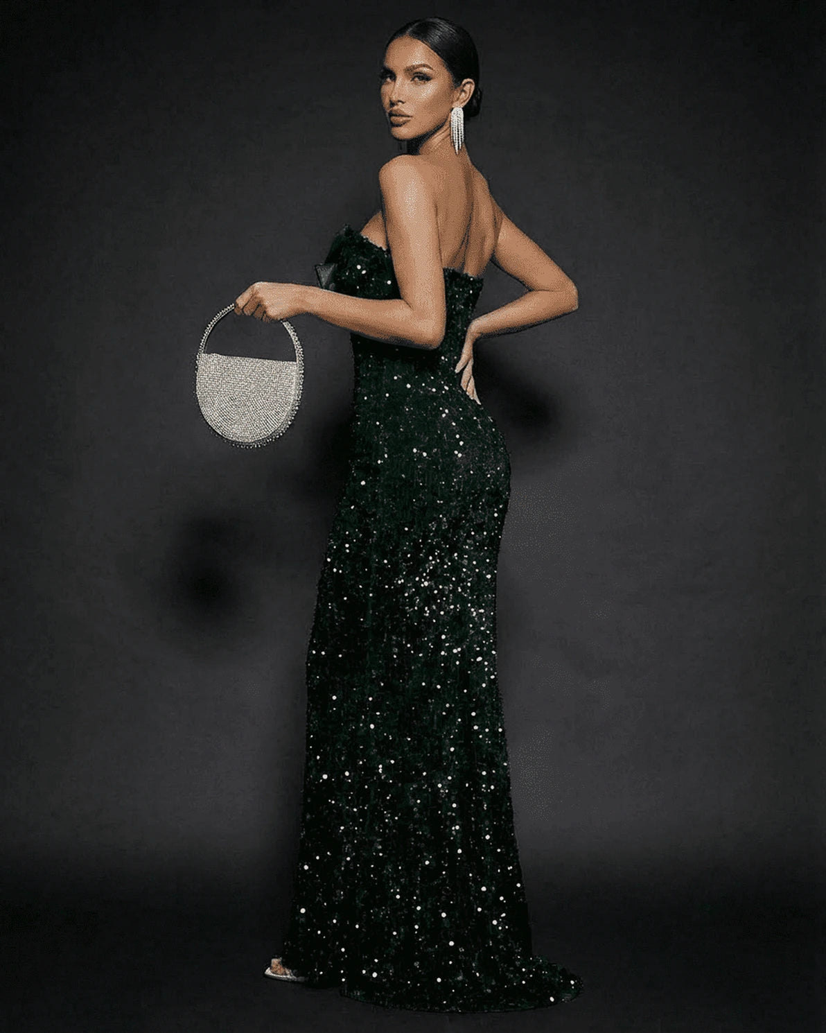Vilnius Maxi Dress – Charcoal Grey Sequin Strapless maxi dress, styled look by Slimona