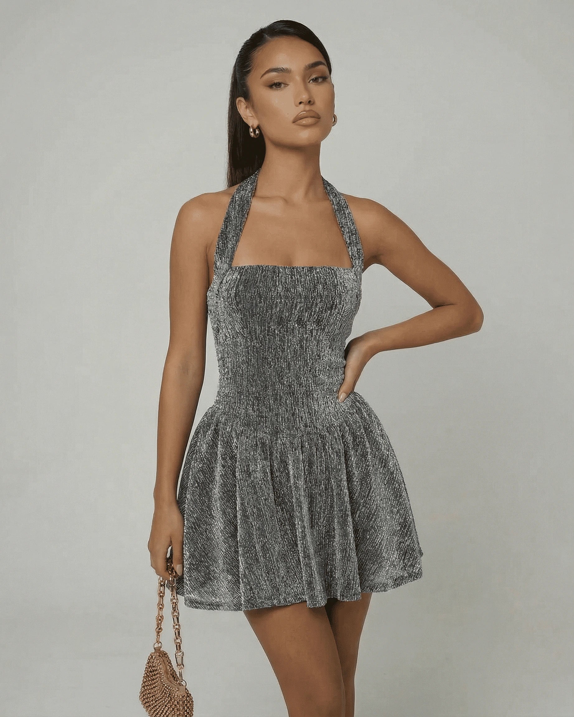 Milan Mini Dress – Silver Sequin Halter mini dress, styled look by Slimona