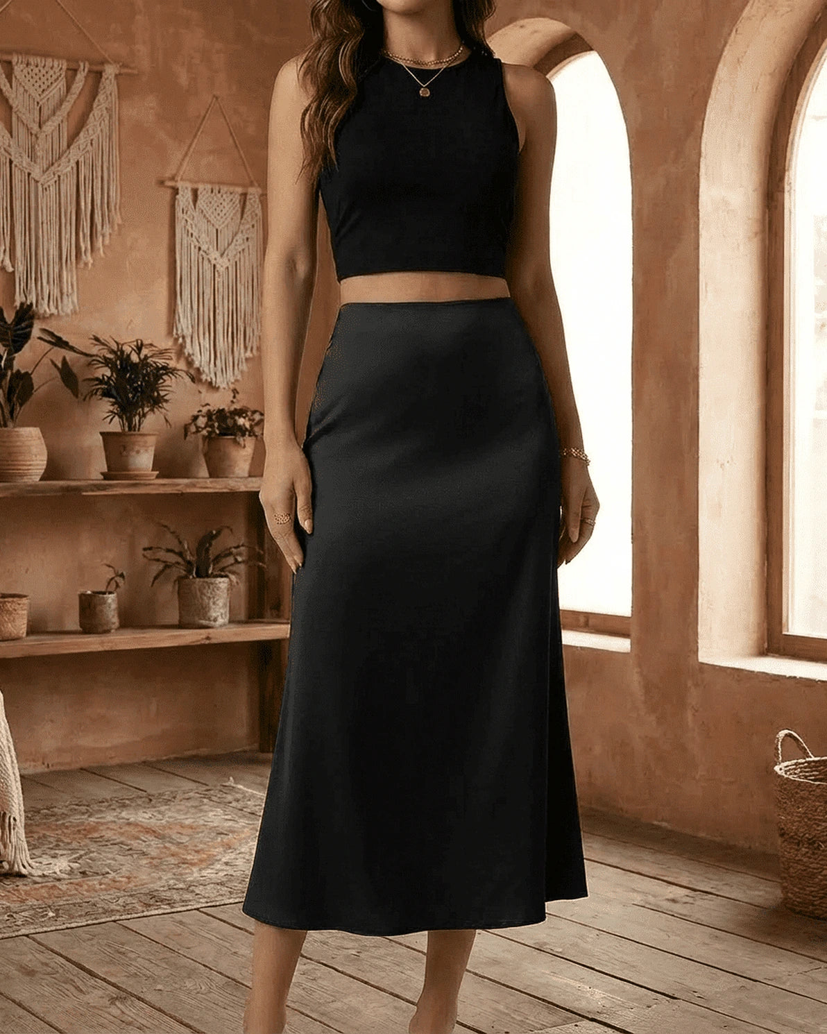 Noirelle Midi Skirt – Black Satin midi skirt, model wearing by Slimona