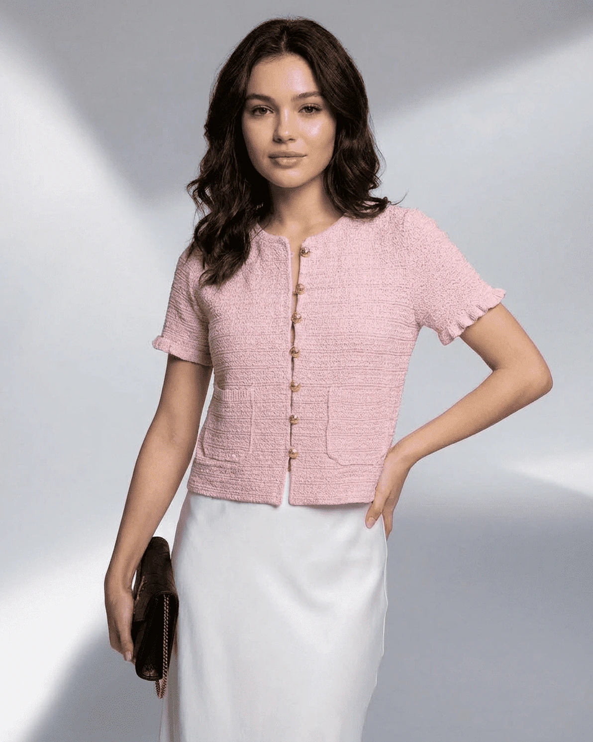 Camellia Cardigan – Camel Satin cardigan, model wearing by Slimona