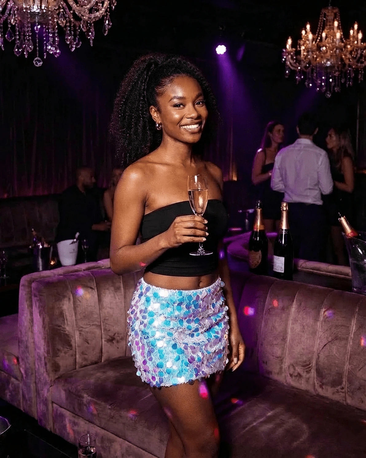 Azalea Mini Skirt – Blue Sequin mini skirt, model wearing by Slimona