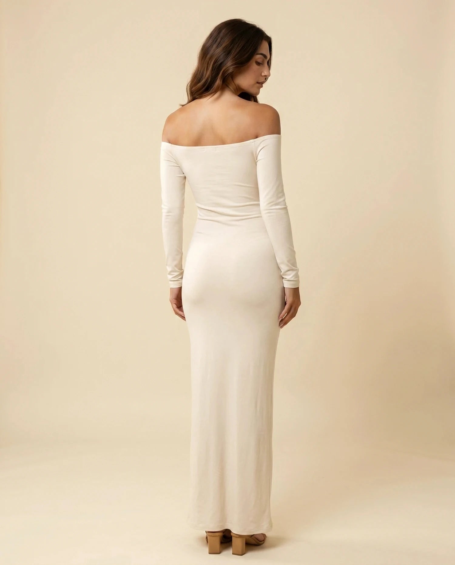 Ivory Maxi Dress – Ivory Off Shoulder maxi dress, back view detail by Slimona