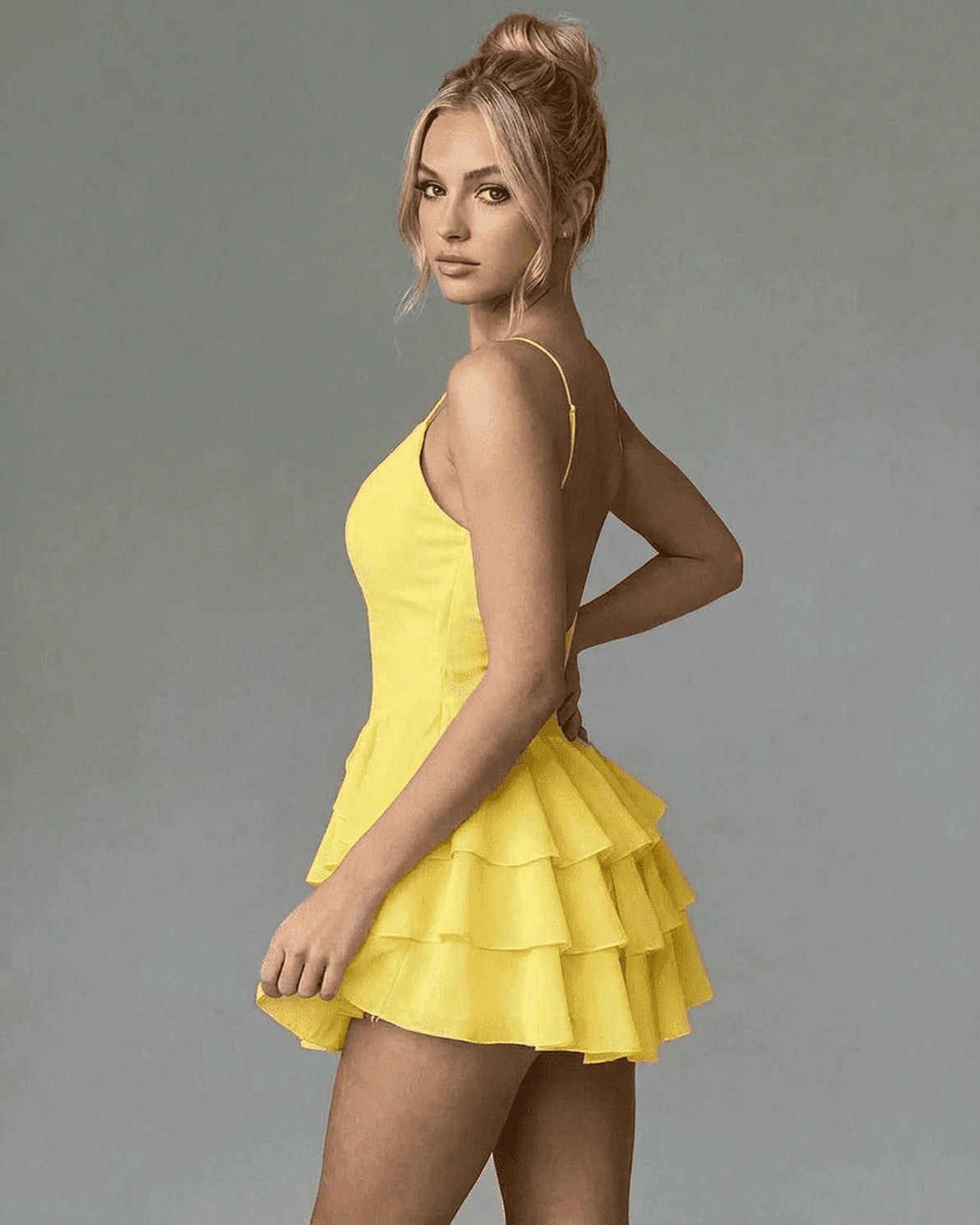 Marigold Mini Dress – Yellow V Neck mini dress, model wearing by Slimona