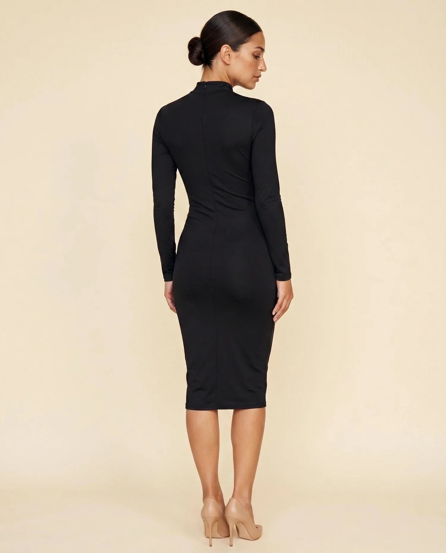 Velouré Midi Dress – Black Mock Neck midi dress, back view detail by Slimona