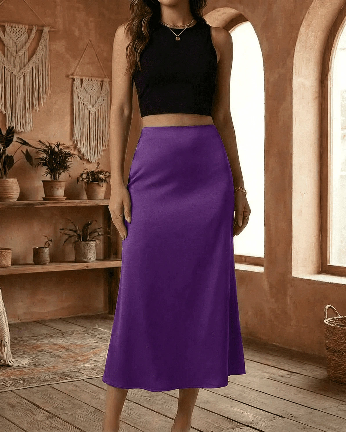 Amethyst Midi Skirt – Purple Satin midi skirt, model wearing by Slimona