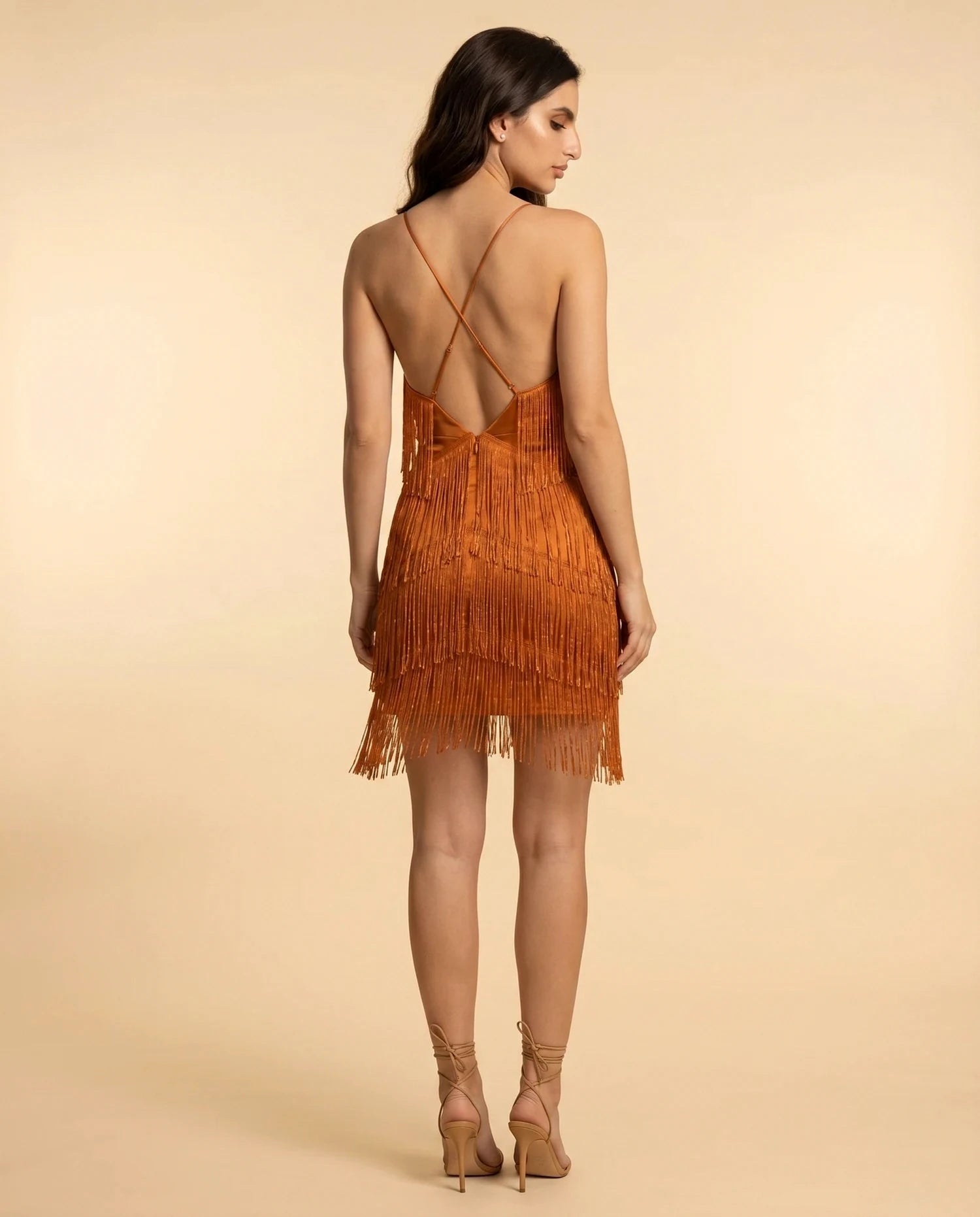 Amber Mini Dress – Metallic V Neck mini dress, back view detail by Slimona