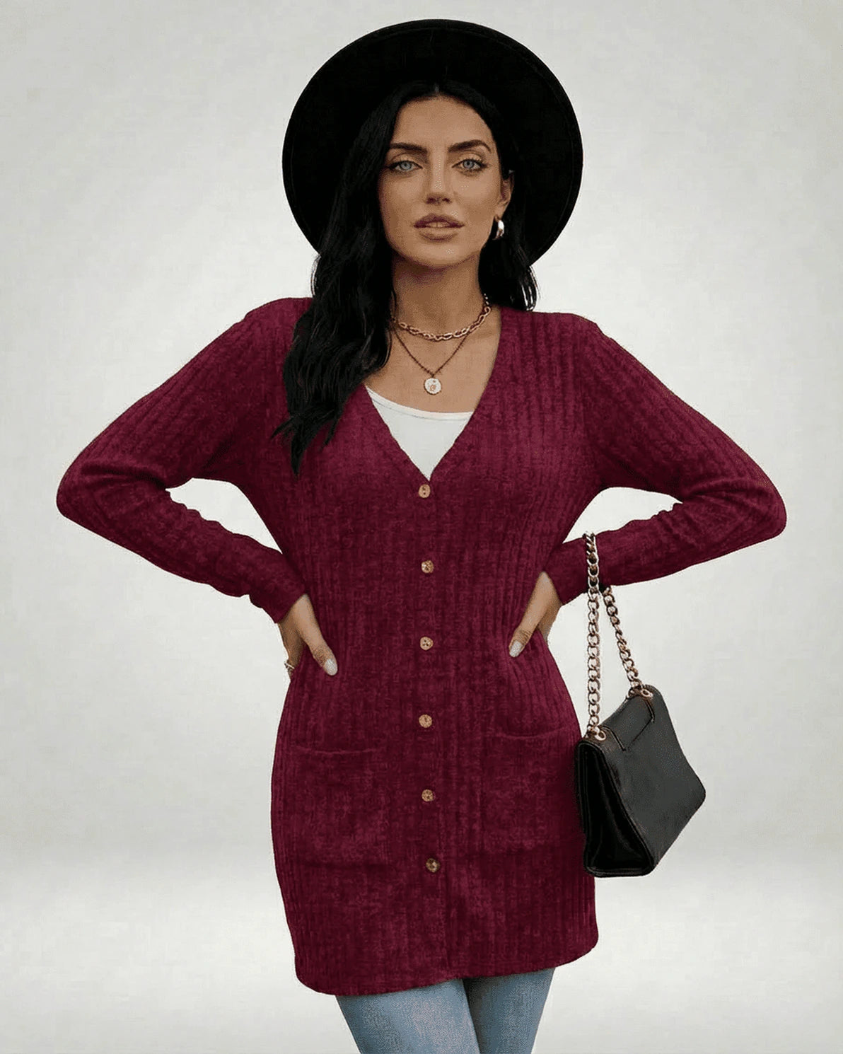 Merlot Cardigan – Burgundy Cotton cardigan, model wearing by Slimona