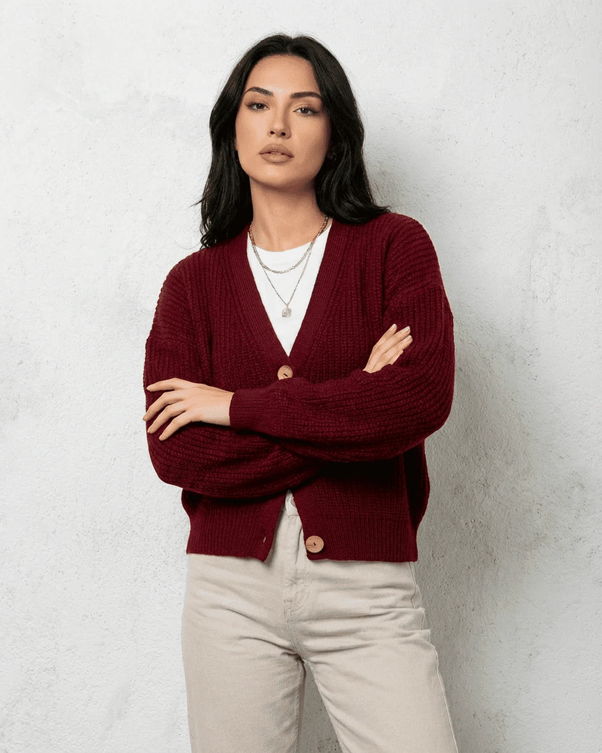 Vesper Cardigan – Burgundy Knit cardigan, model wearing by Slimona