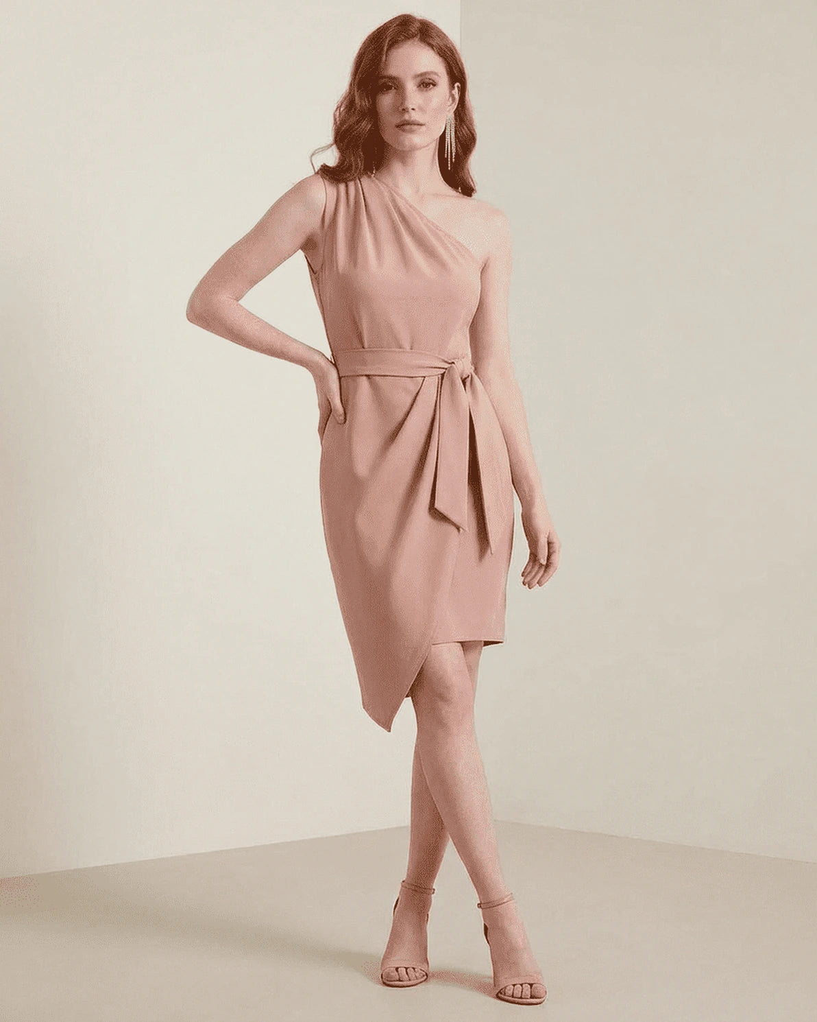 Lyra Mini Dress – Pink Satin One Shoulder mini dress, model wearing by Slimona