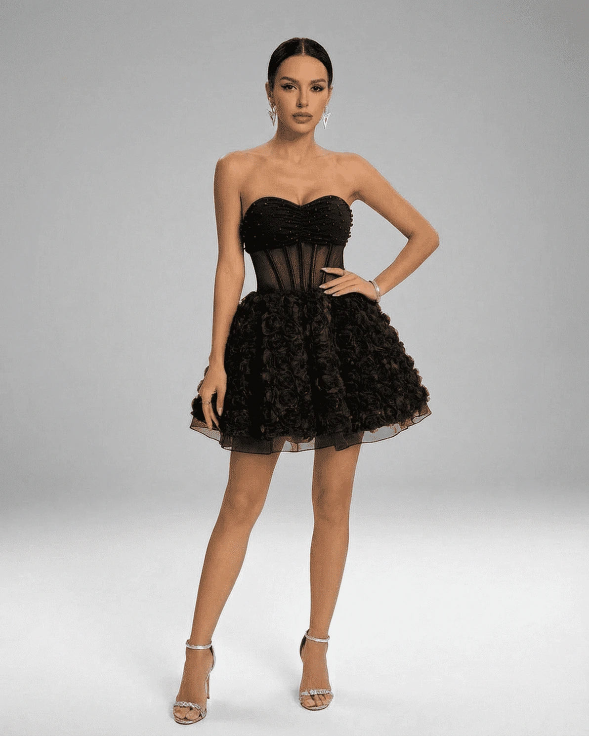 Simone Mini Dress – Black Mesh Strapless mini dress, model wearing by Slimona