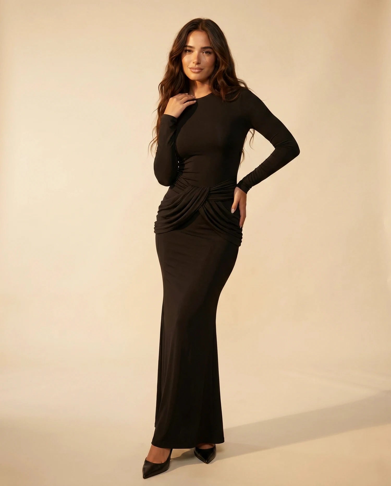 Orion Maxi Dress – Black Round Neck maxi dress, lifestyle styled look by Slimona