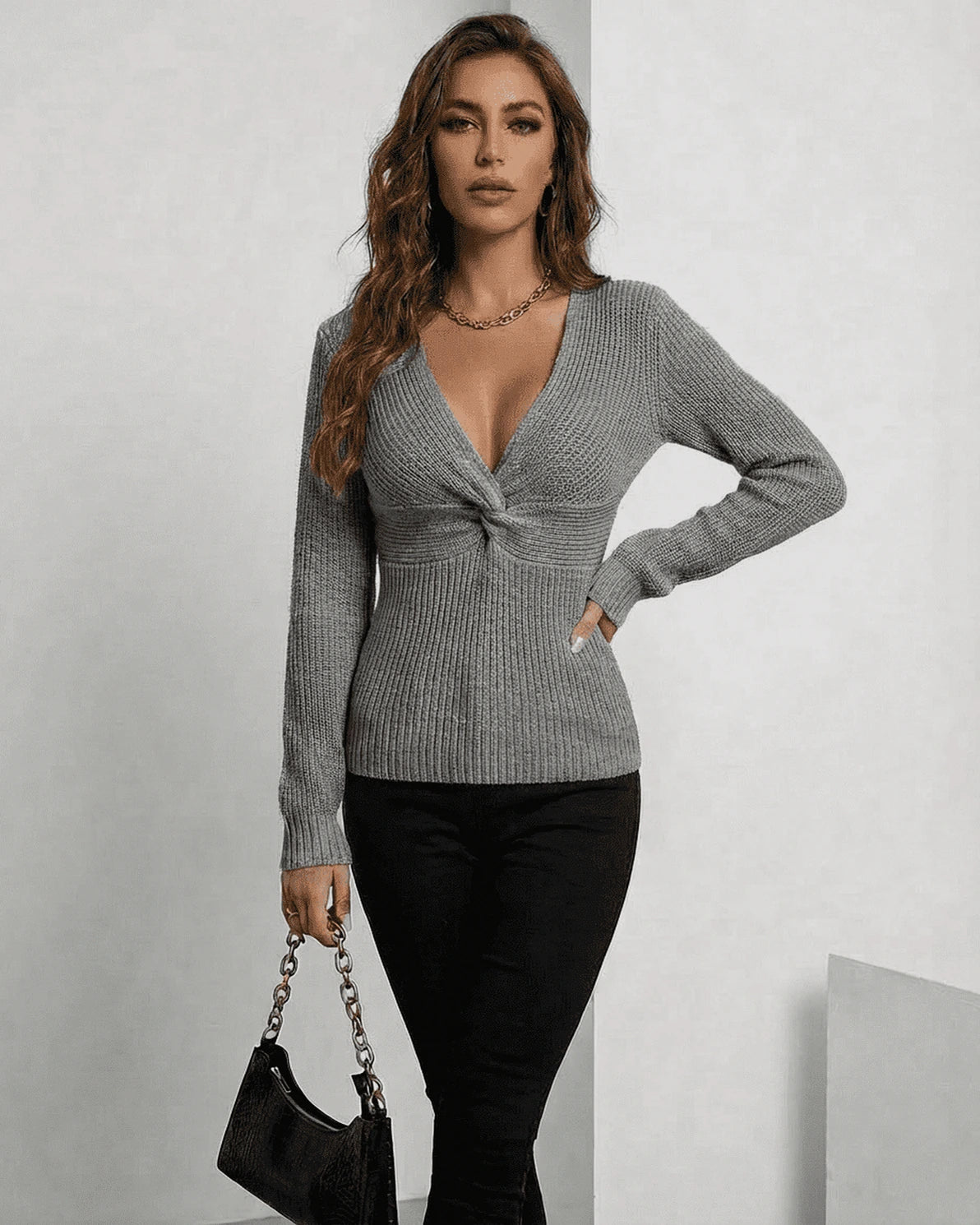 Nerina Pullover – Grey Ribbed pullover, close-up detail by Slimona