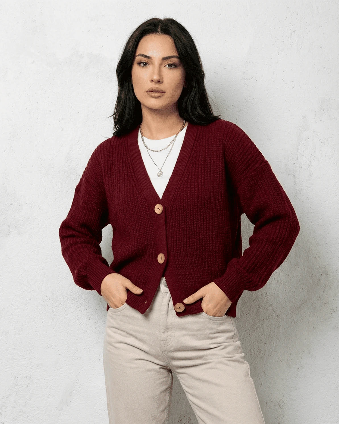 Vesper Cardigan – Burgundy Knit cardigan, close-up detail by Slimona