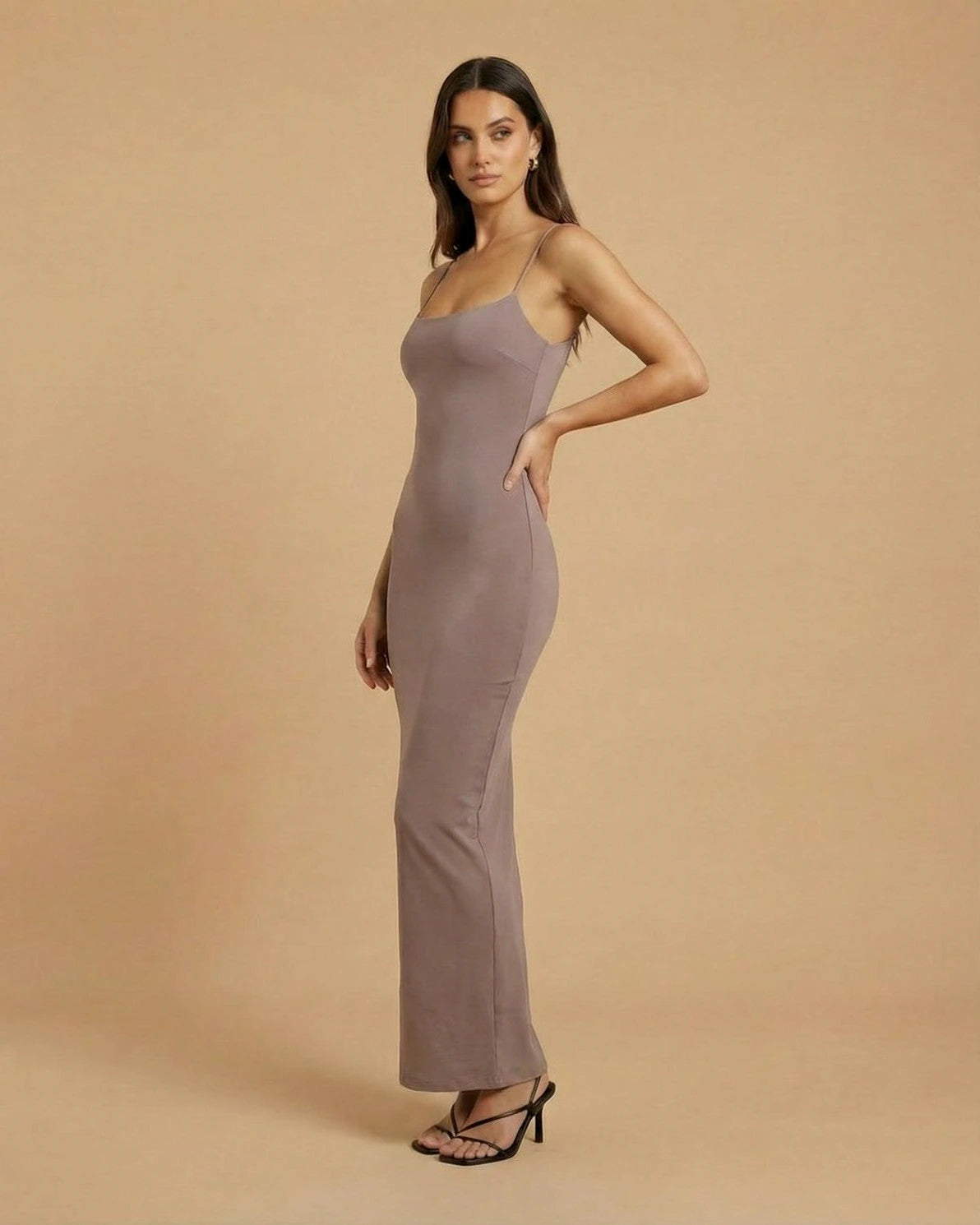 Sahara Maxi Dress – Sand Beige Round Neck maxi dress, close-up detail by Slimona
