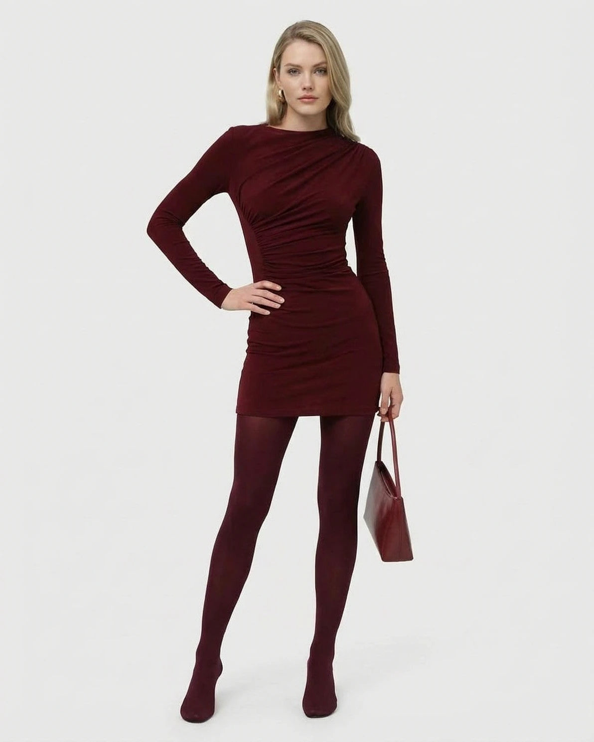 Bordeaux Mini Dress – Wine Round Neck mini dress, alternate angle by Slimona