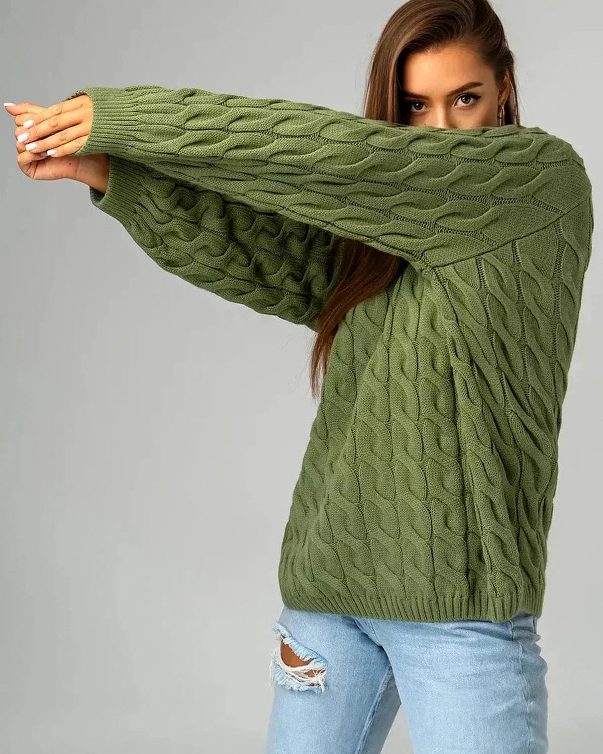 Orion Sweater – Green Cotton sweater, alternate angle by Slimona