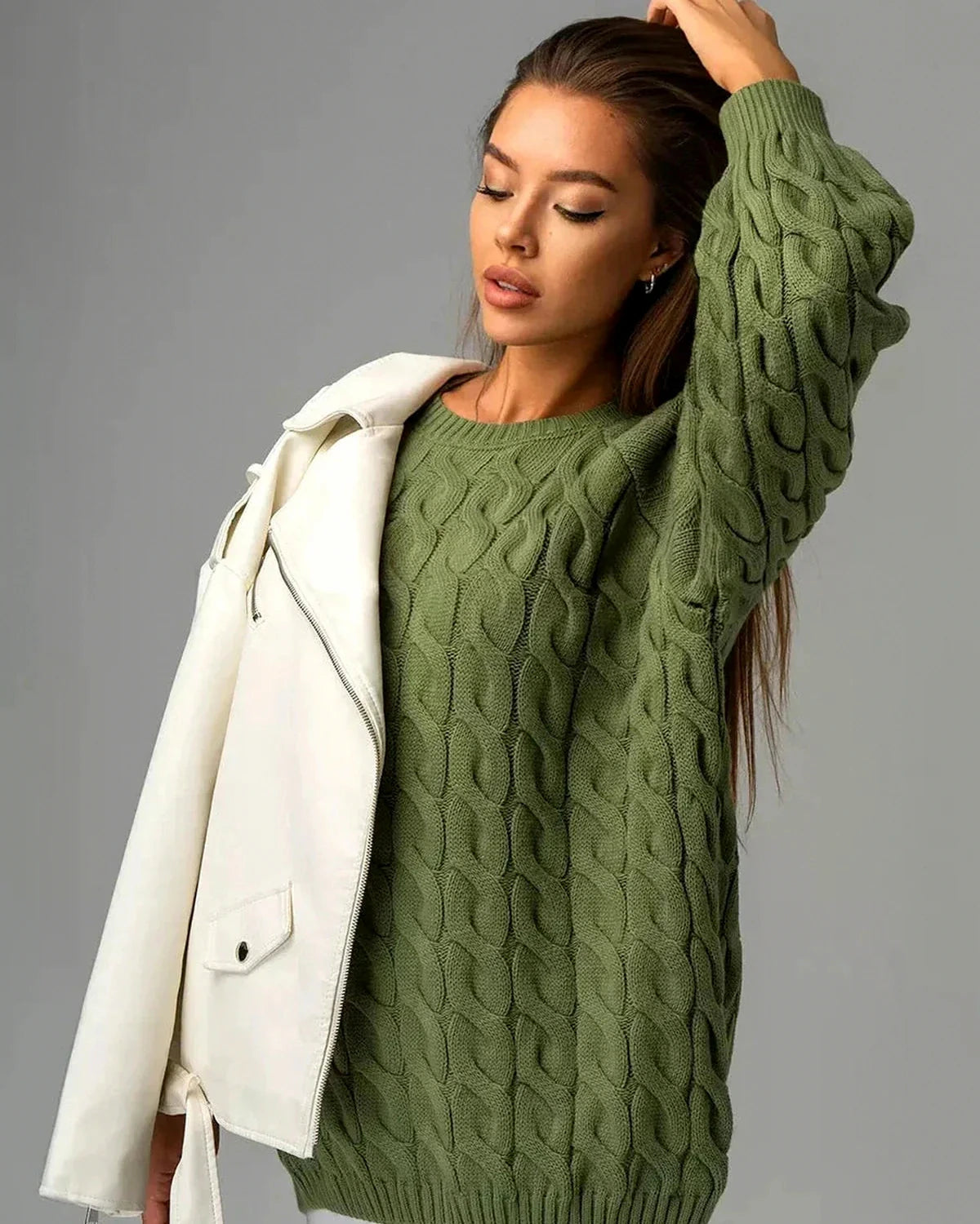 Orion Sweater – Green Cotton sweater, alternate angle by Slimona