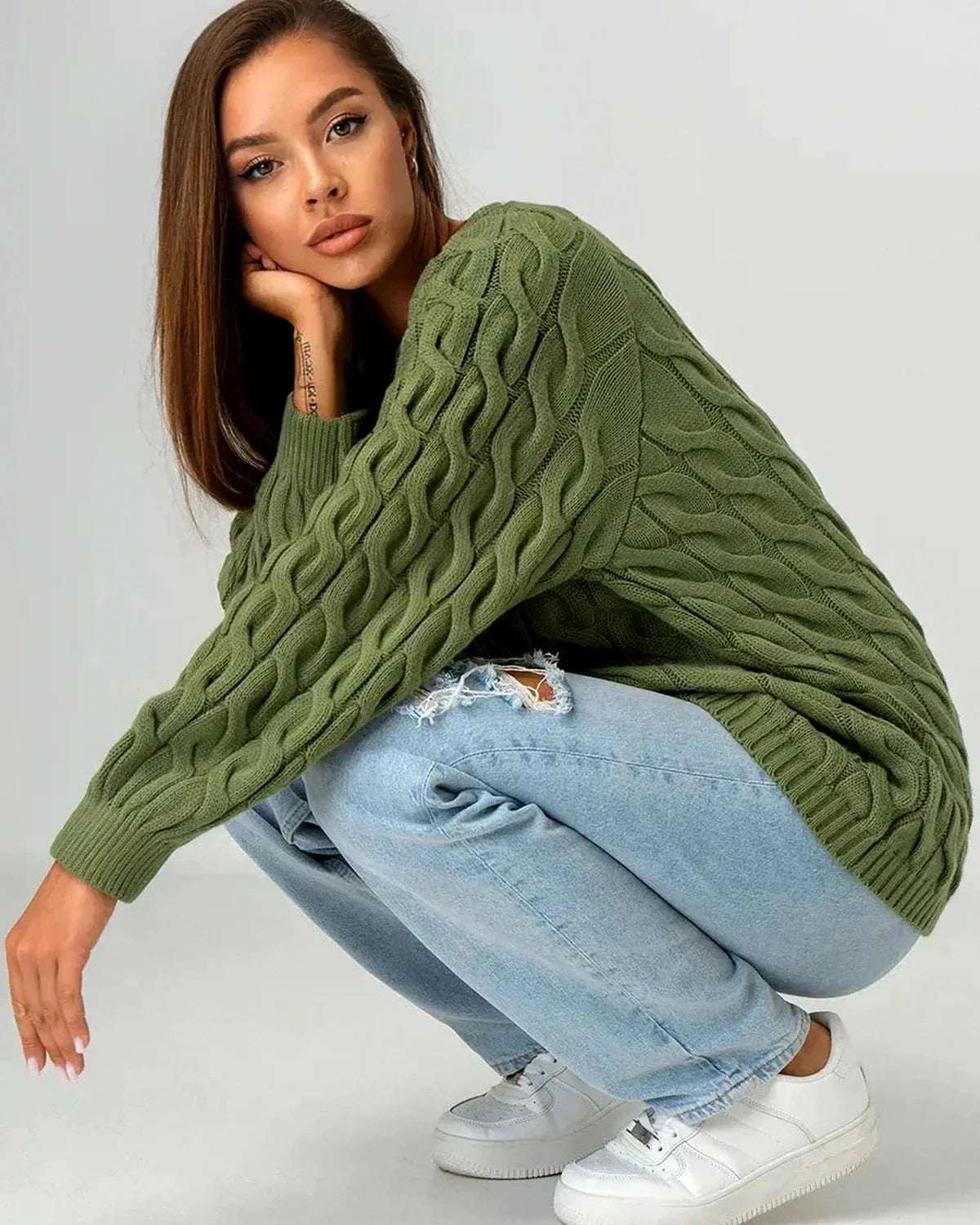 Orion Sweater – Green Cotton sweater, alternate angle by Slimona