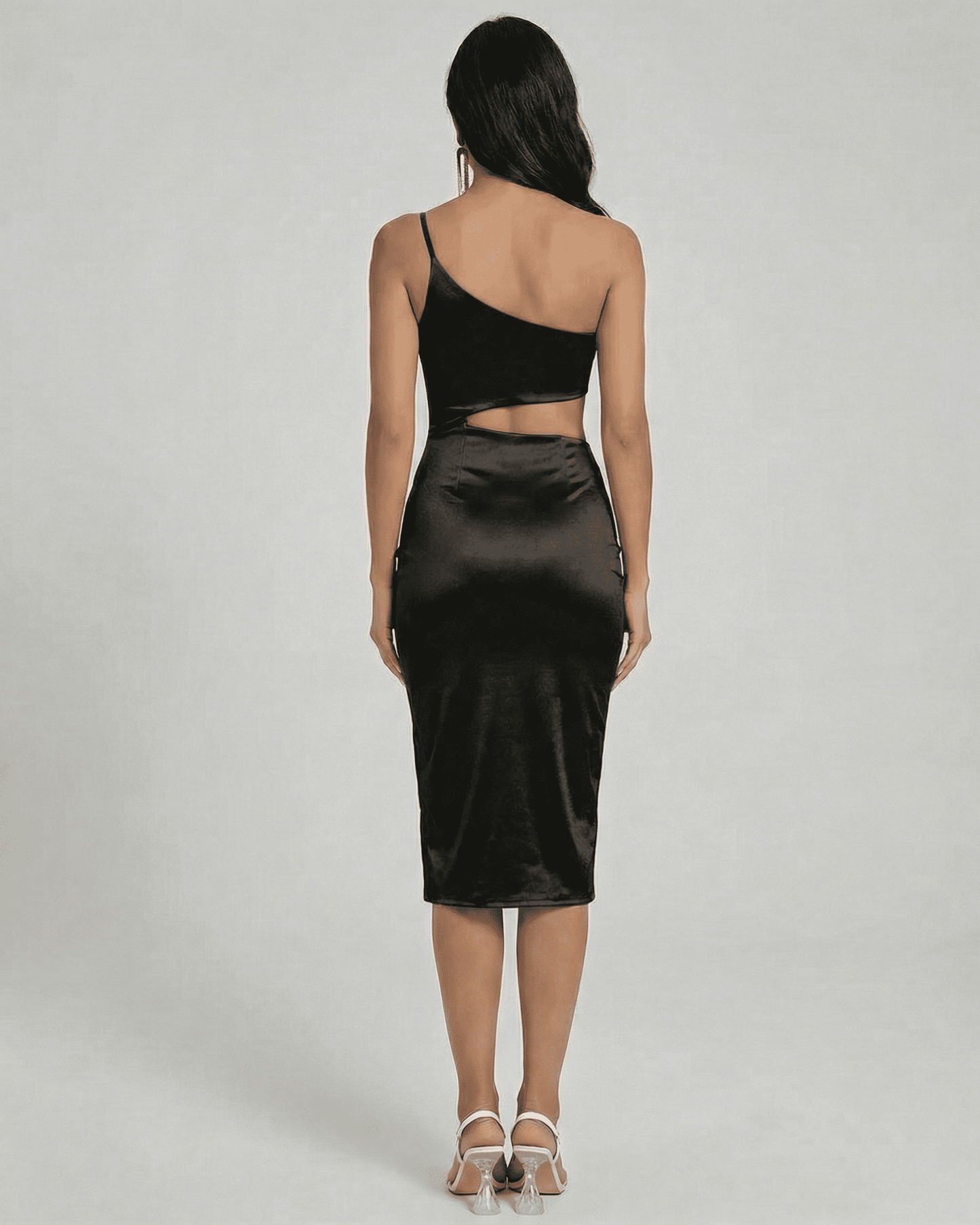 Back view of the Ravenna Midi Dress by Slimona, featuring a one-shoulder design and satin finish.