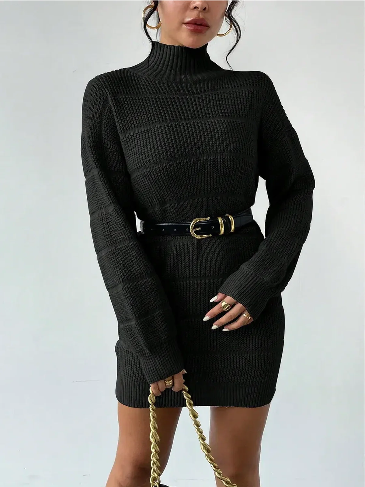 Cozy black long sleeve mini dress with turtleneck and belt, perfect for stylish coffee runs and evening outings.