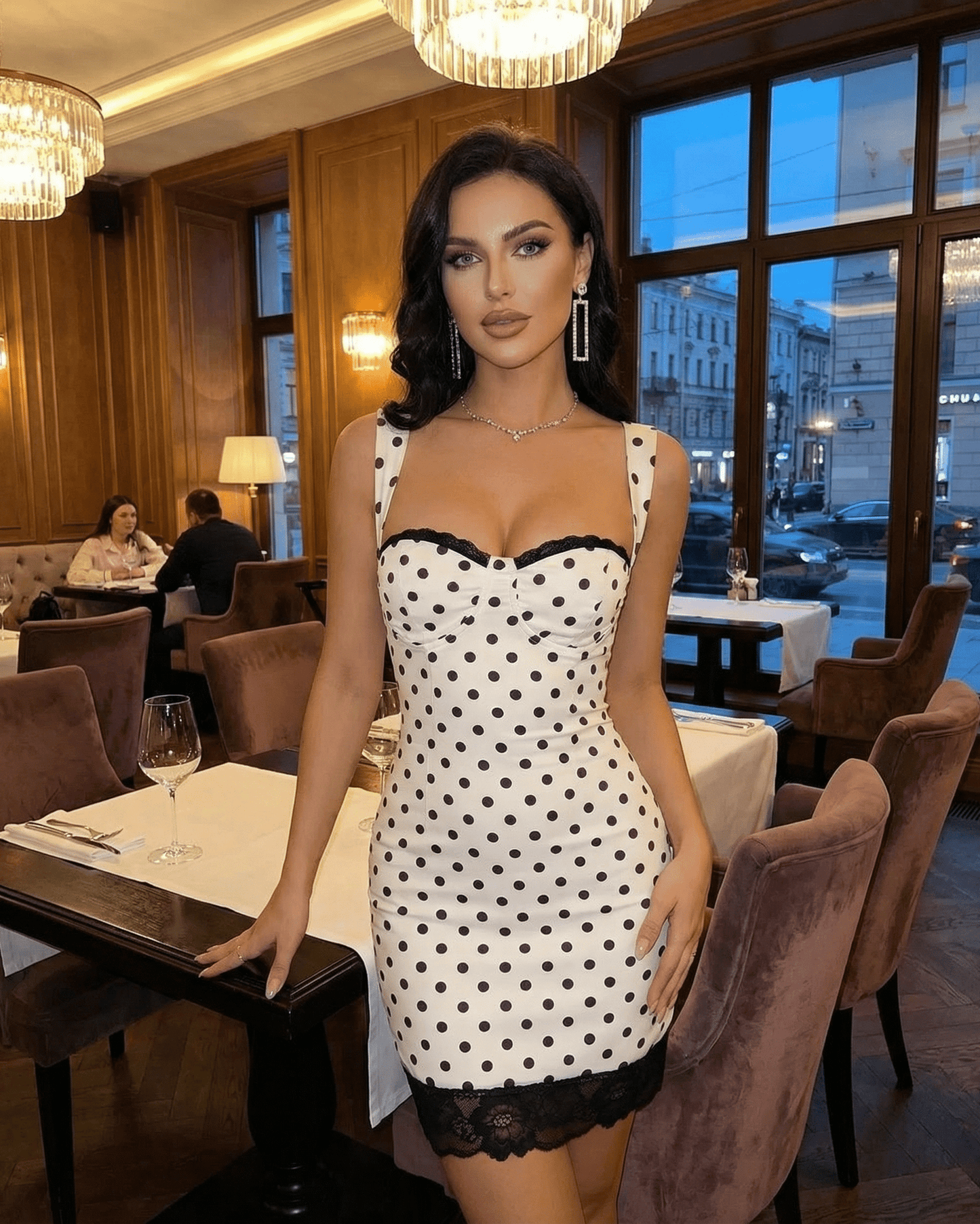 Celeste Mini Dress by Slimona featuring a polka dot design, lace trim, and sophisticated off-the-shoulder neckline.