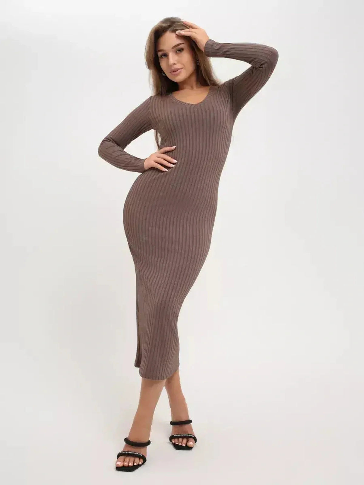 Sleek ribbed brown midi dress featuring a fitted silhouette, perfect for weddings, proms, and casual outings.