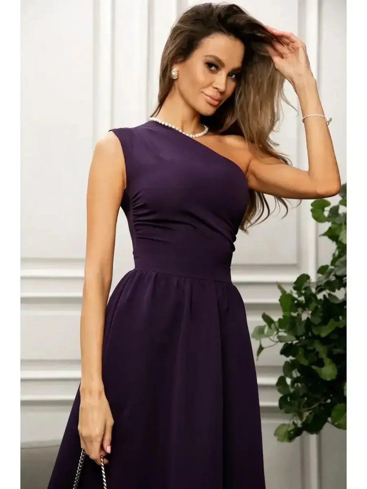One-shoulder deep purple Regency Charm midi dress with cinched waist, perfect for formal events and weddings.