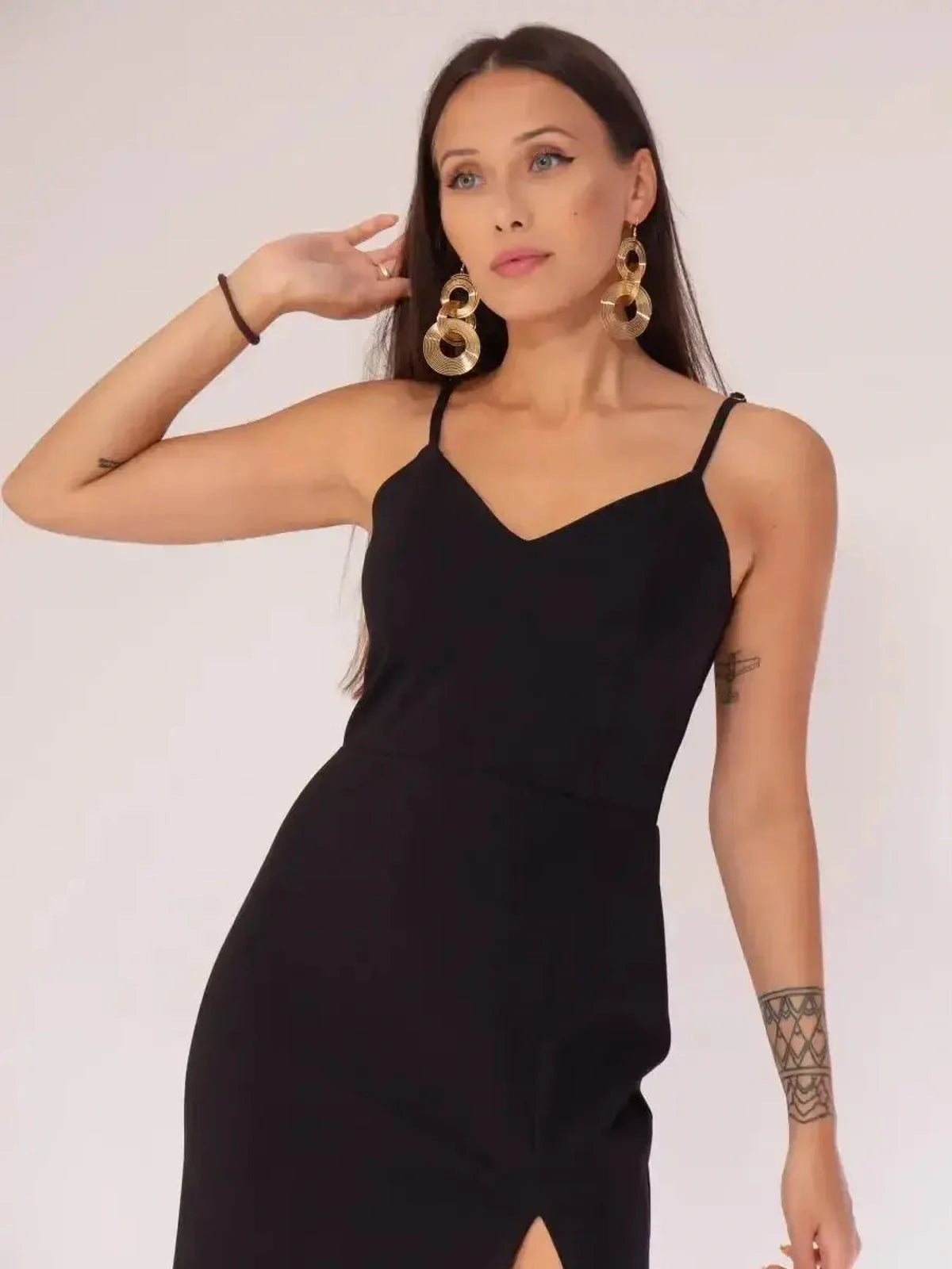 Elegant Noir Charm Midi Dress with V-neckline and statement side slit, ideal for weddings and formal events.