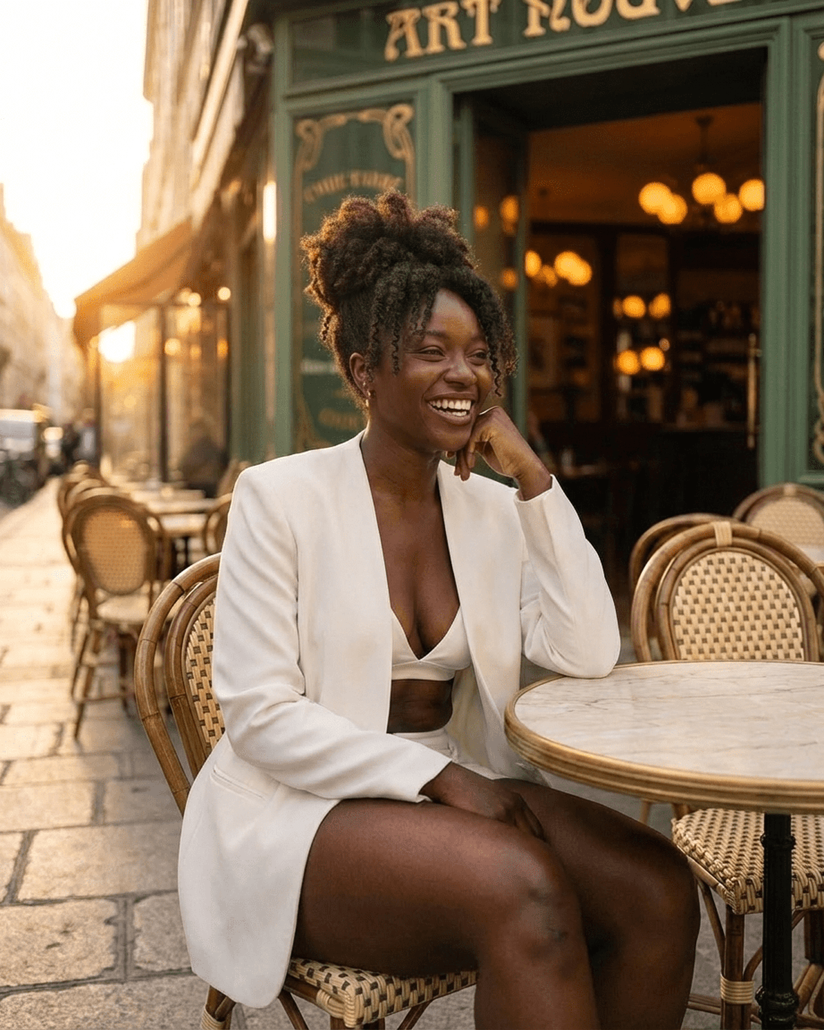 Woman wearing Alba Blazer by Slimona, smiling at a café table in a chic outdoor setting.