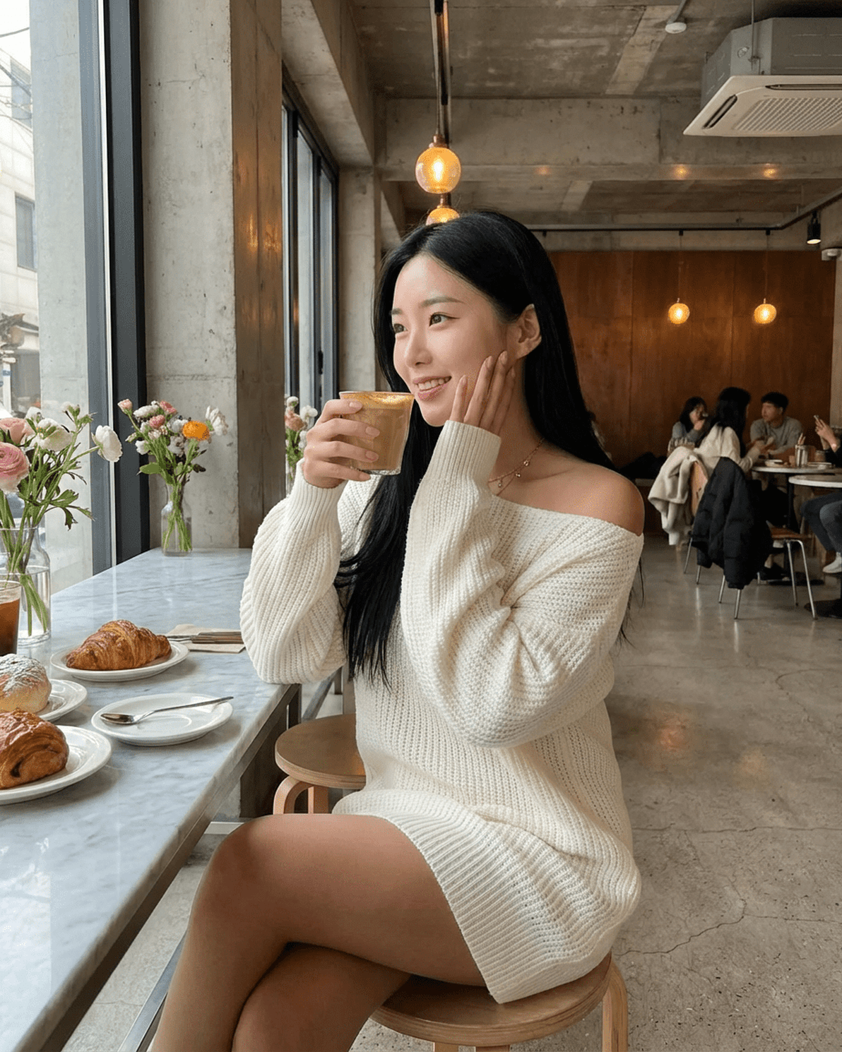 Woman enjoying a beverage in a cafe wearing the Aurora Mini Dress by Slimona, featuring an off-the-shoulder design.