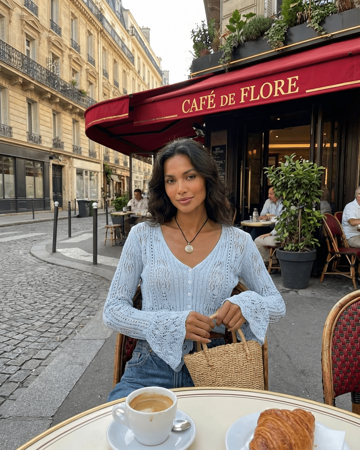 Azure Cardigan by Slimona worn in a Parisian café, featuring flared sleeves and a soft, airy design.