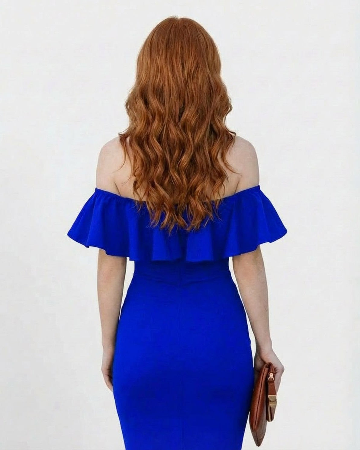 Azuréa Midi Dress by Slimona in royal blue, showcasing an elegant off shoulder ruffled design from the back.