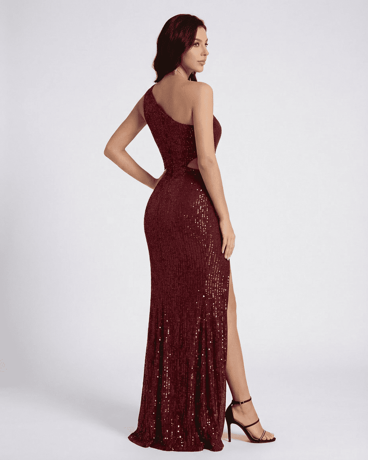 Ember Maxi Dress by Slimona, showcasing one-shoulder design and thigh-high slit with sequins.