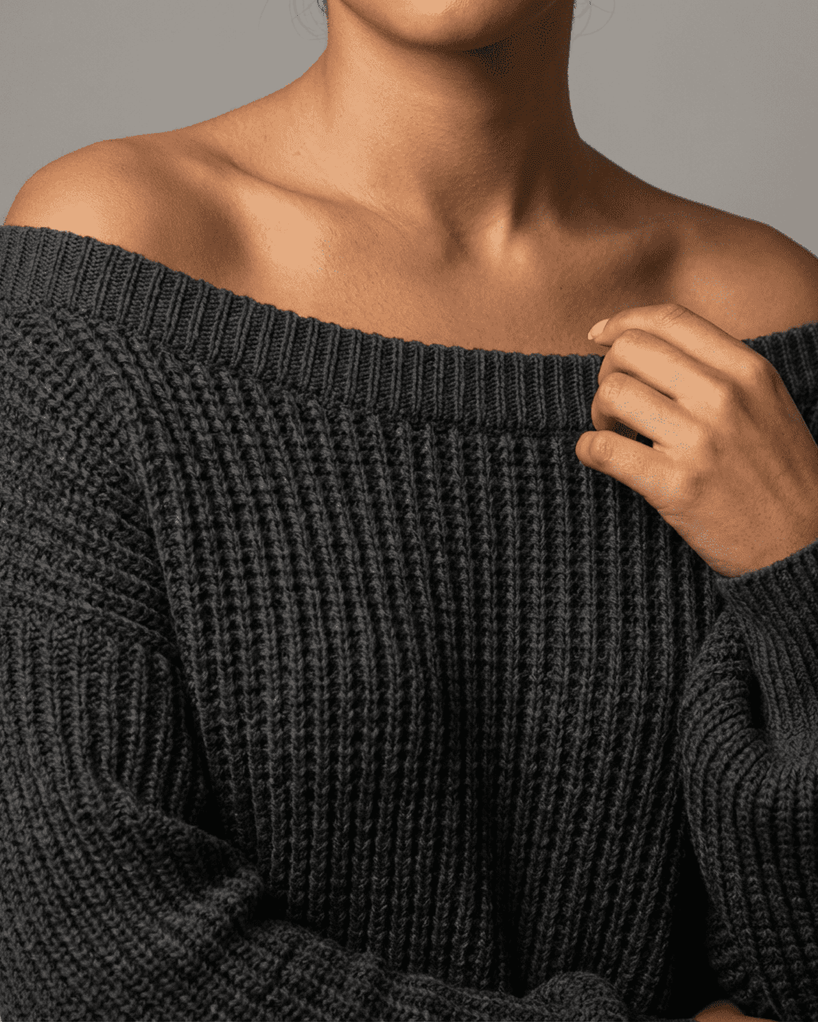 Ember Mini Dress by Slimona, featuring a ribbed knit off-the-shoulder neckline and cozy lantern sleeves.